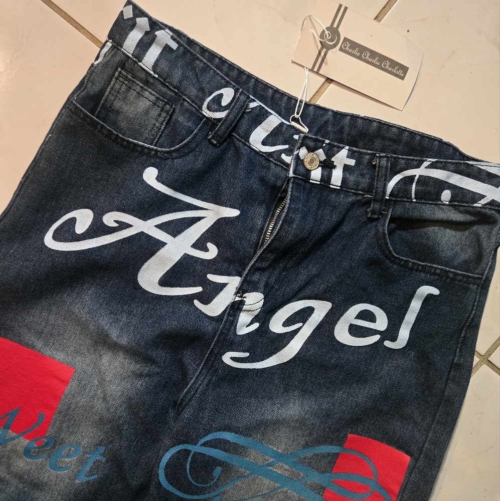 Charlie CHARLIE Charlotte Graphic Print Denim Jeans Large NEW - Picture 3 of 14